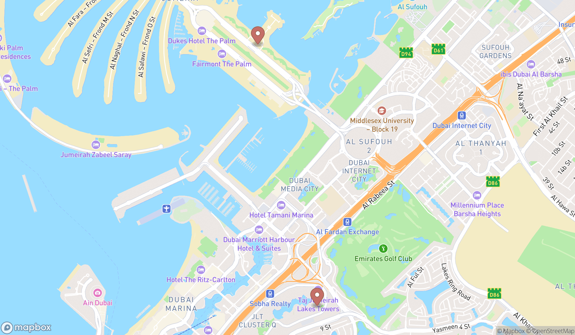 Map showing the search results in Dubai