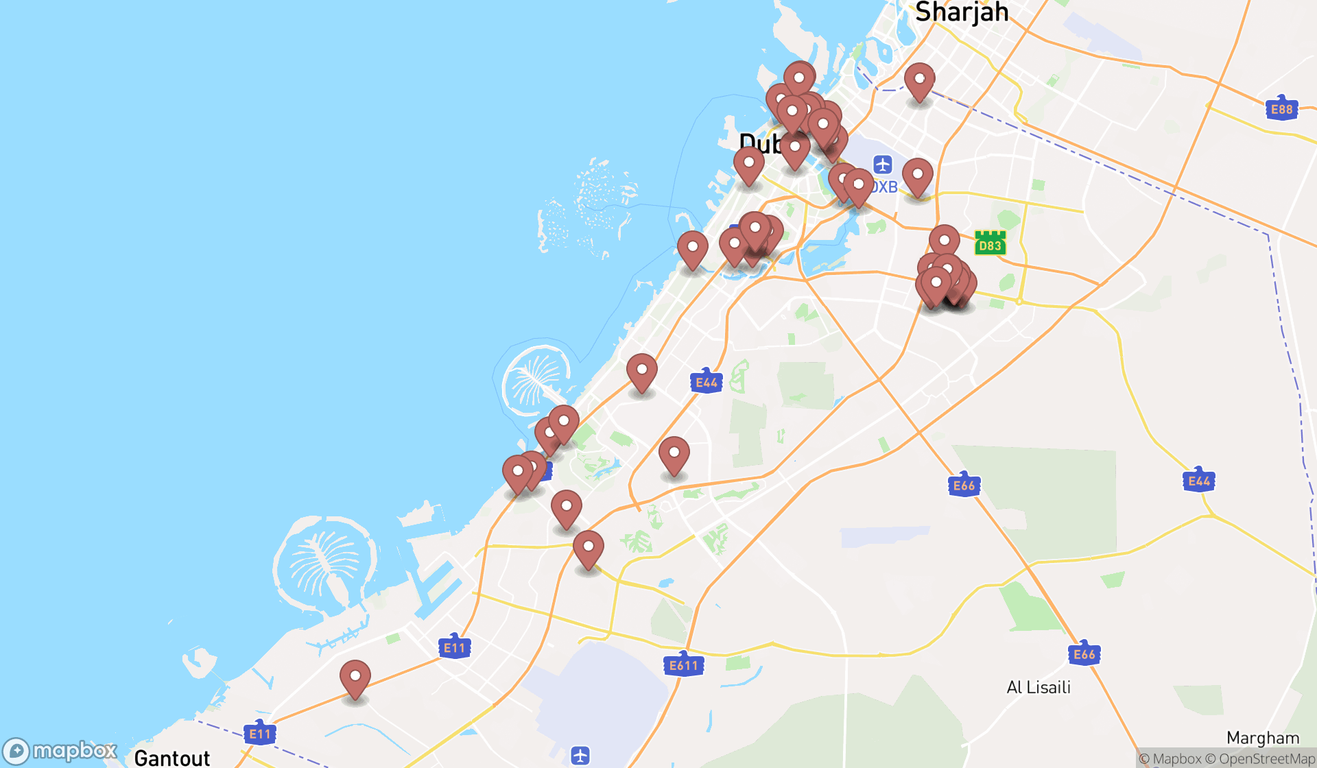 Map showing the search results in Dubai