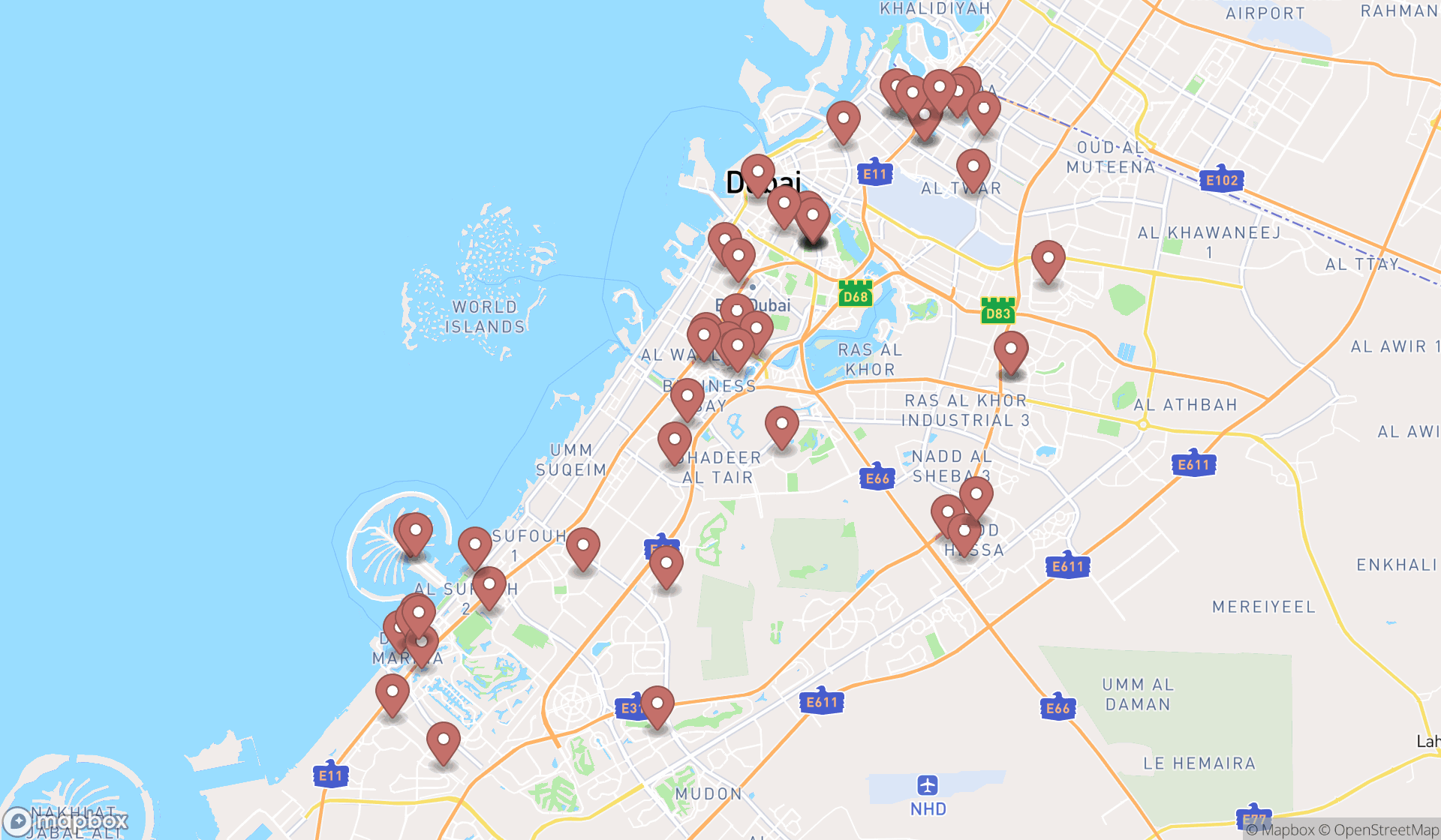 Map showing the search results in Dubai
