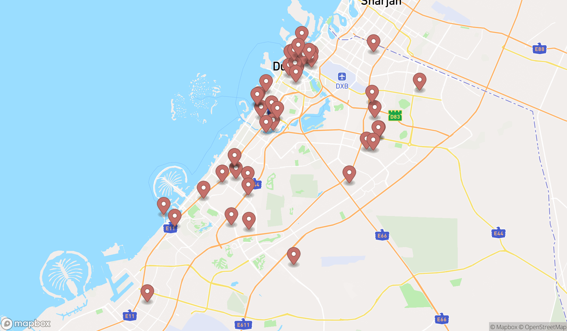Map showing the search results in Dubai