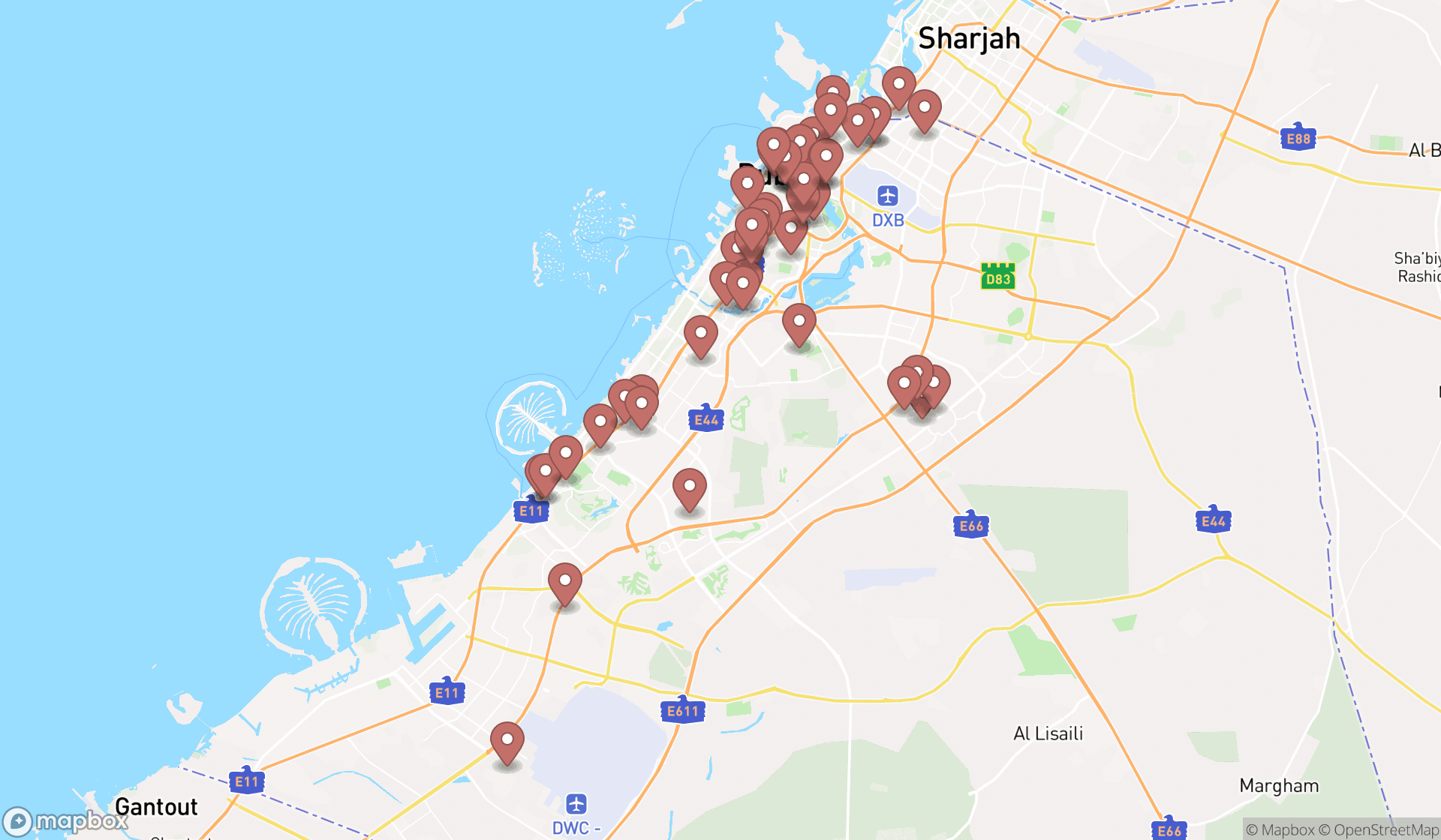Map showing the search results in Dubai