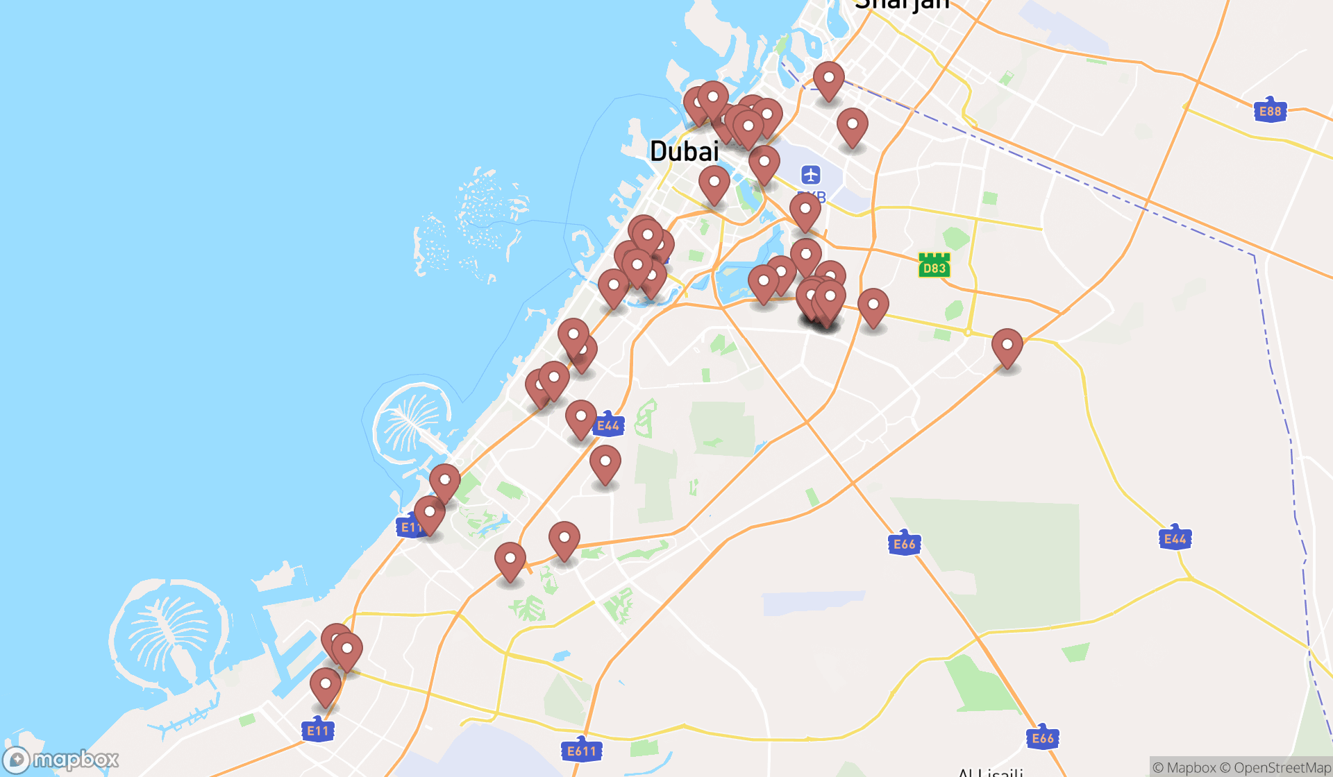 Map showing the search results in Dubai