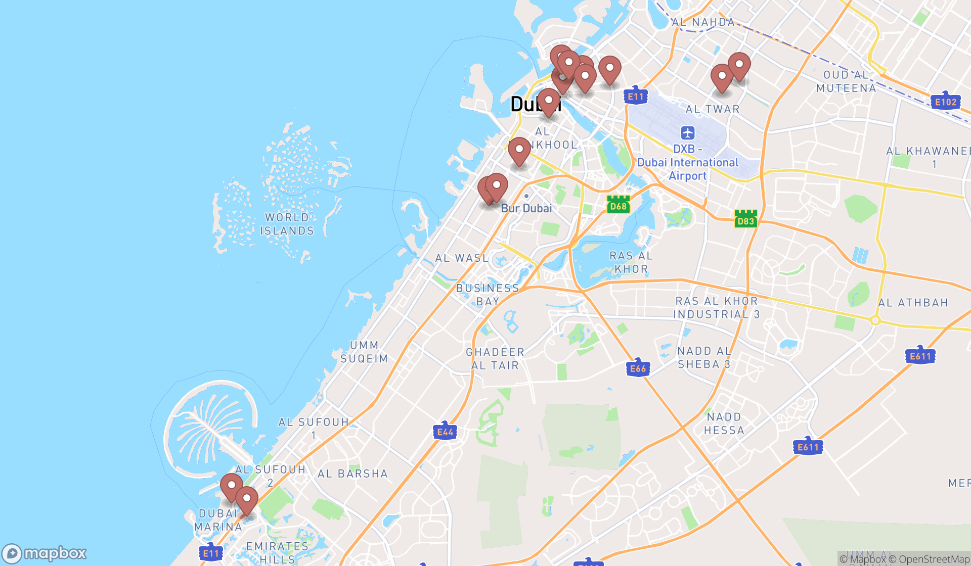 Map showing the search results in Dubai
