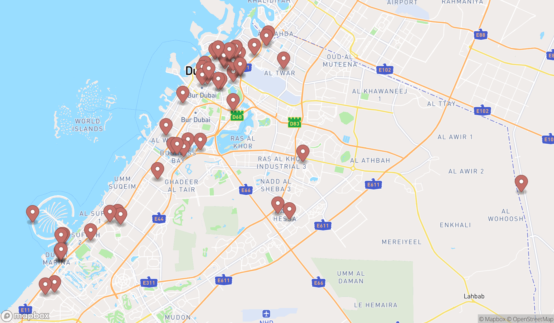 Map showing the search results in Dubai