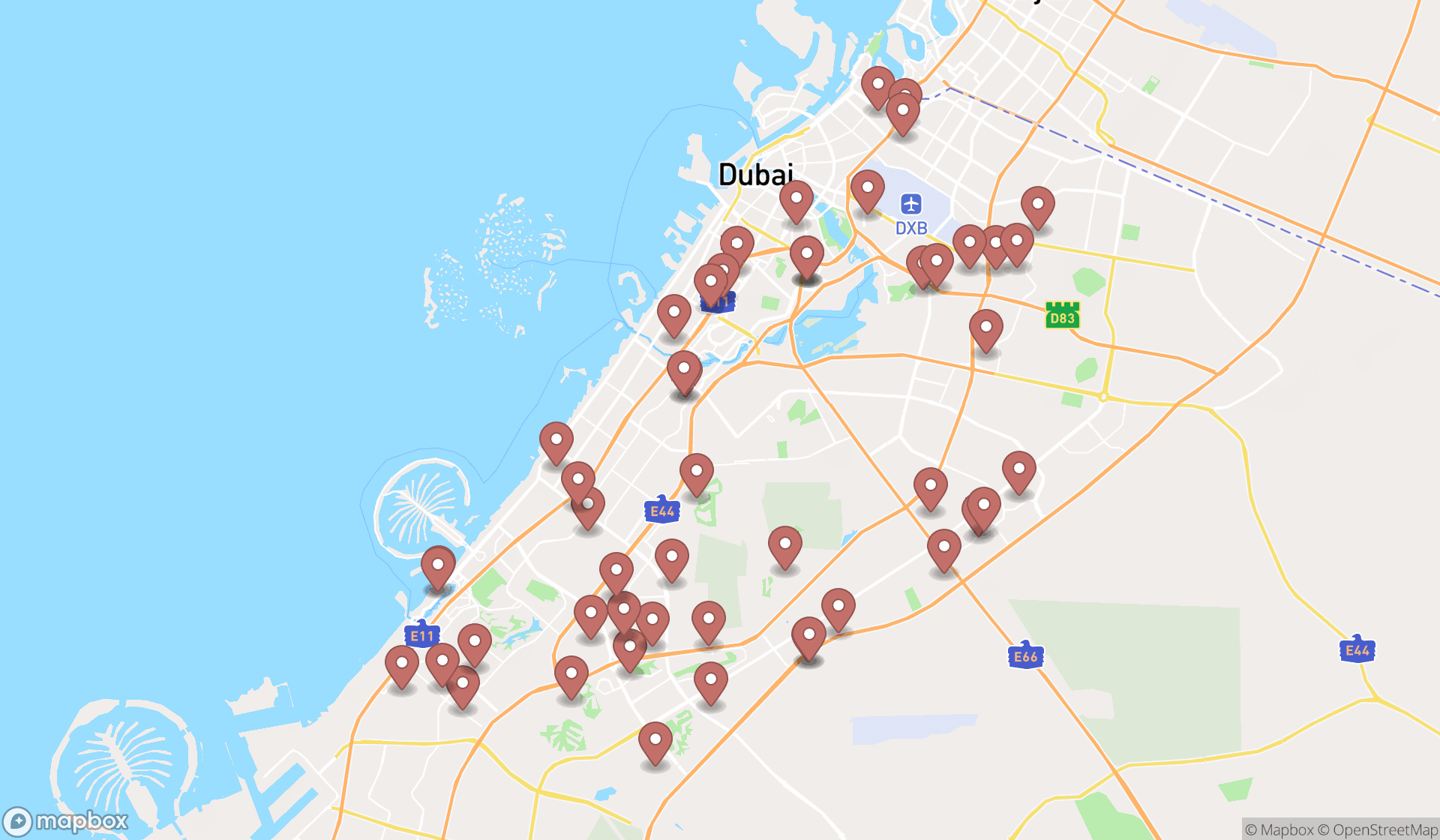 Map showing the search results in Dubai