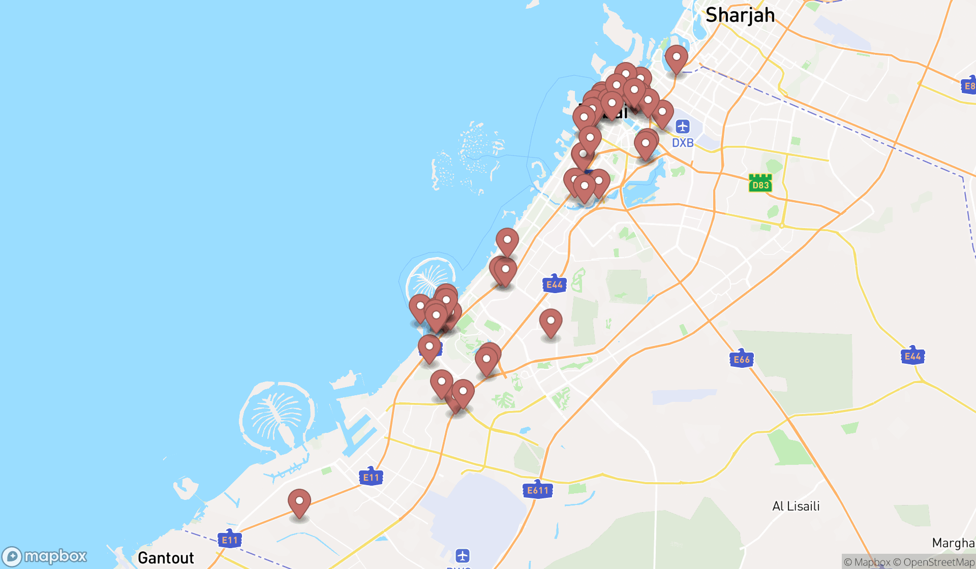 Map showing the search results in Dubai