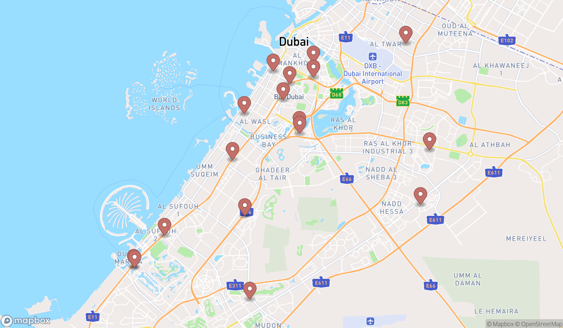 Map showing the search results in Dubai