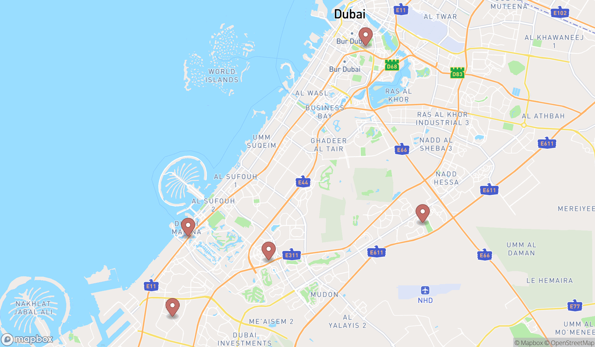 Map showing the search results in Dubai