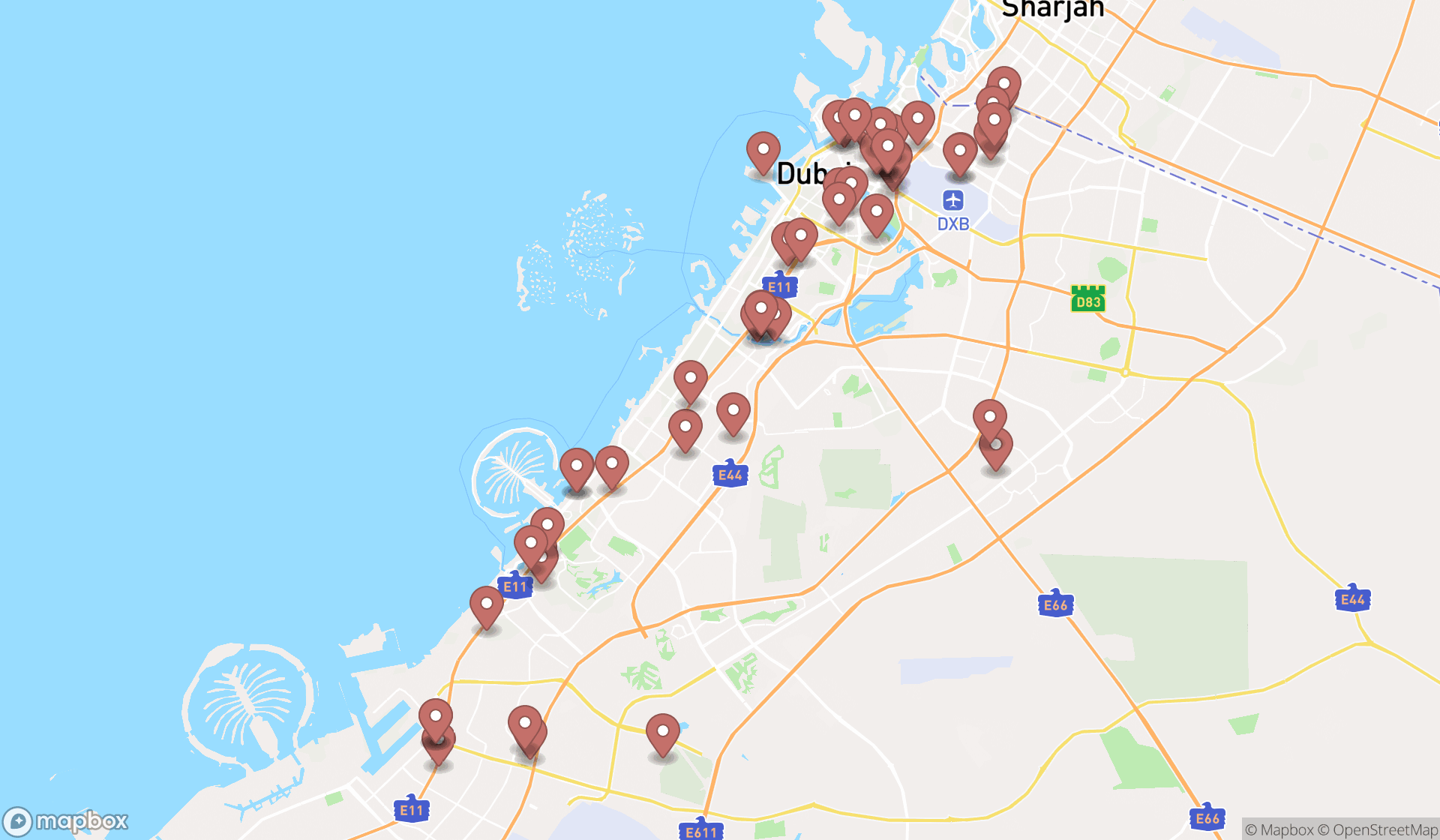Map showing the search results in Dubai
