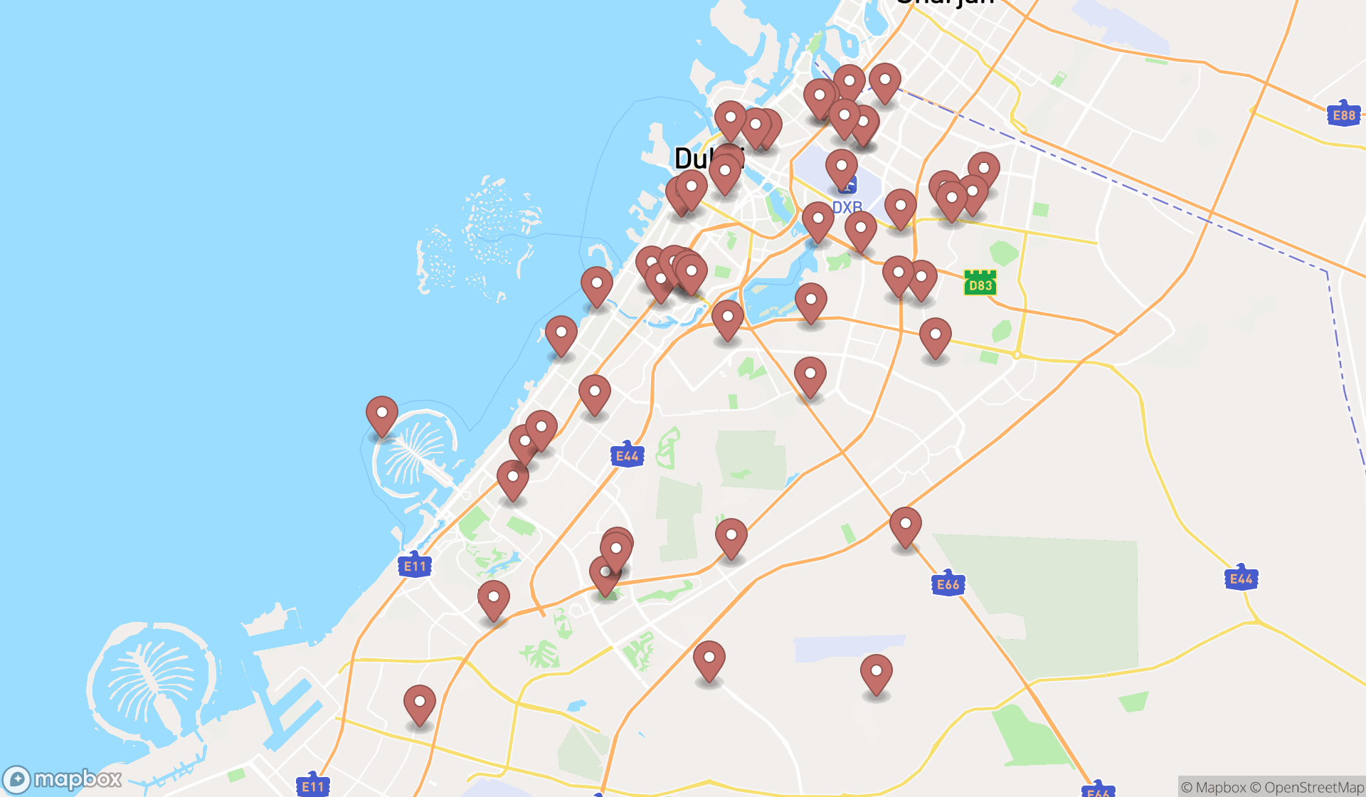 Map showing the search results in Dubai