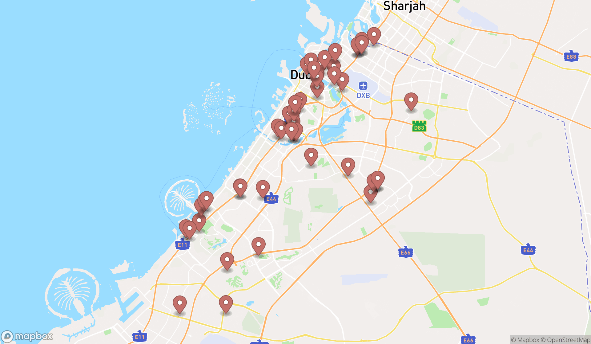 Map showing the search results in Dubai