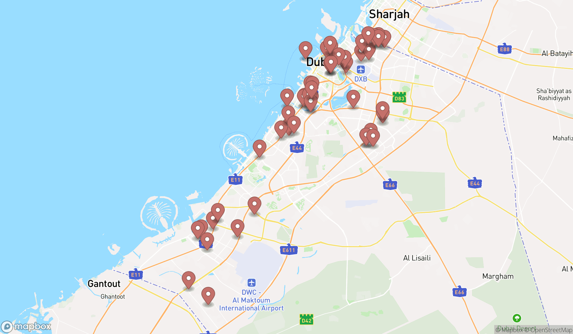 Map showing the search results in Dubai