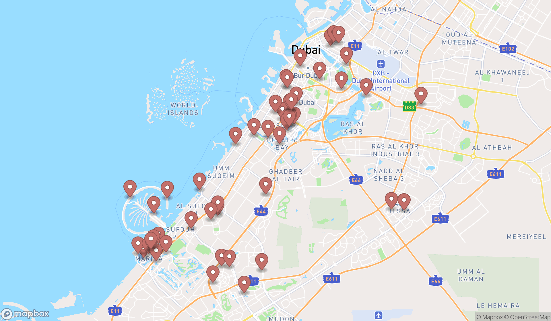 Map showing the search results in Dubai