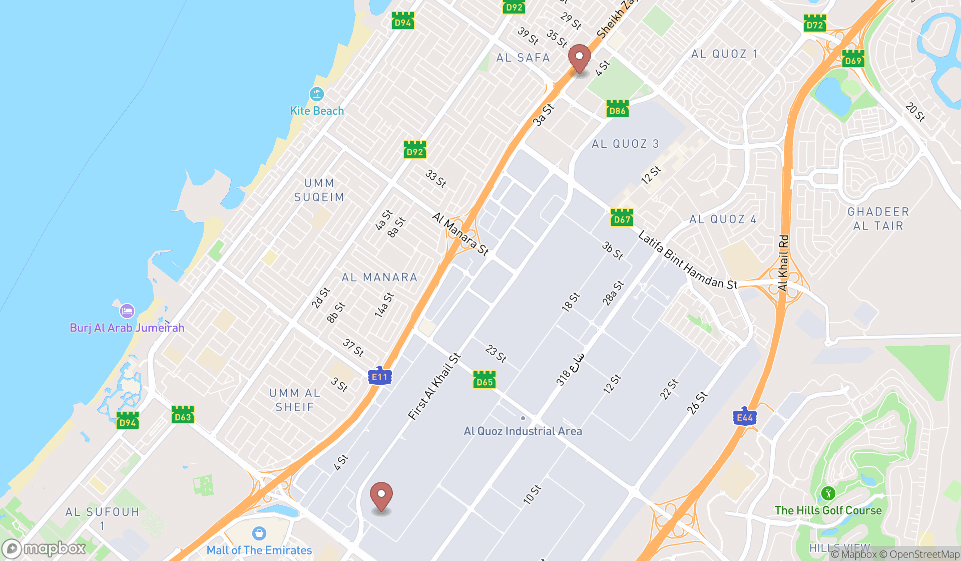 Map showing the search results in Dubai