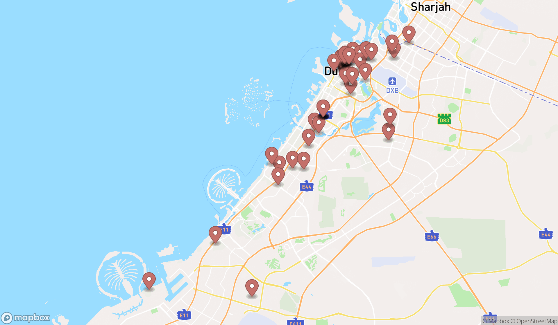 Map showing the search results in Dubai