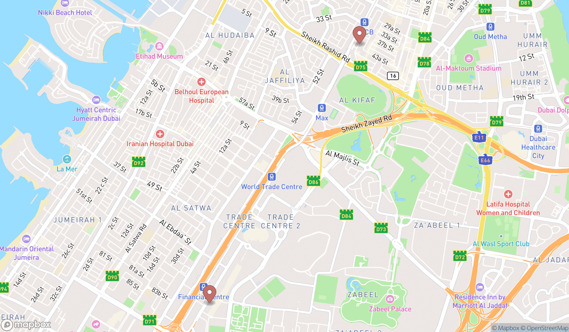 Map showing the search results in Dubai