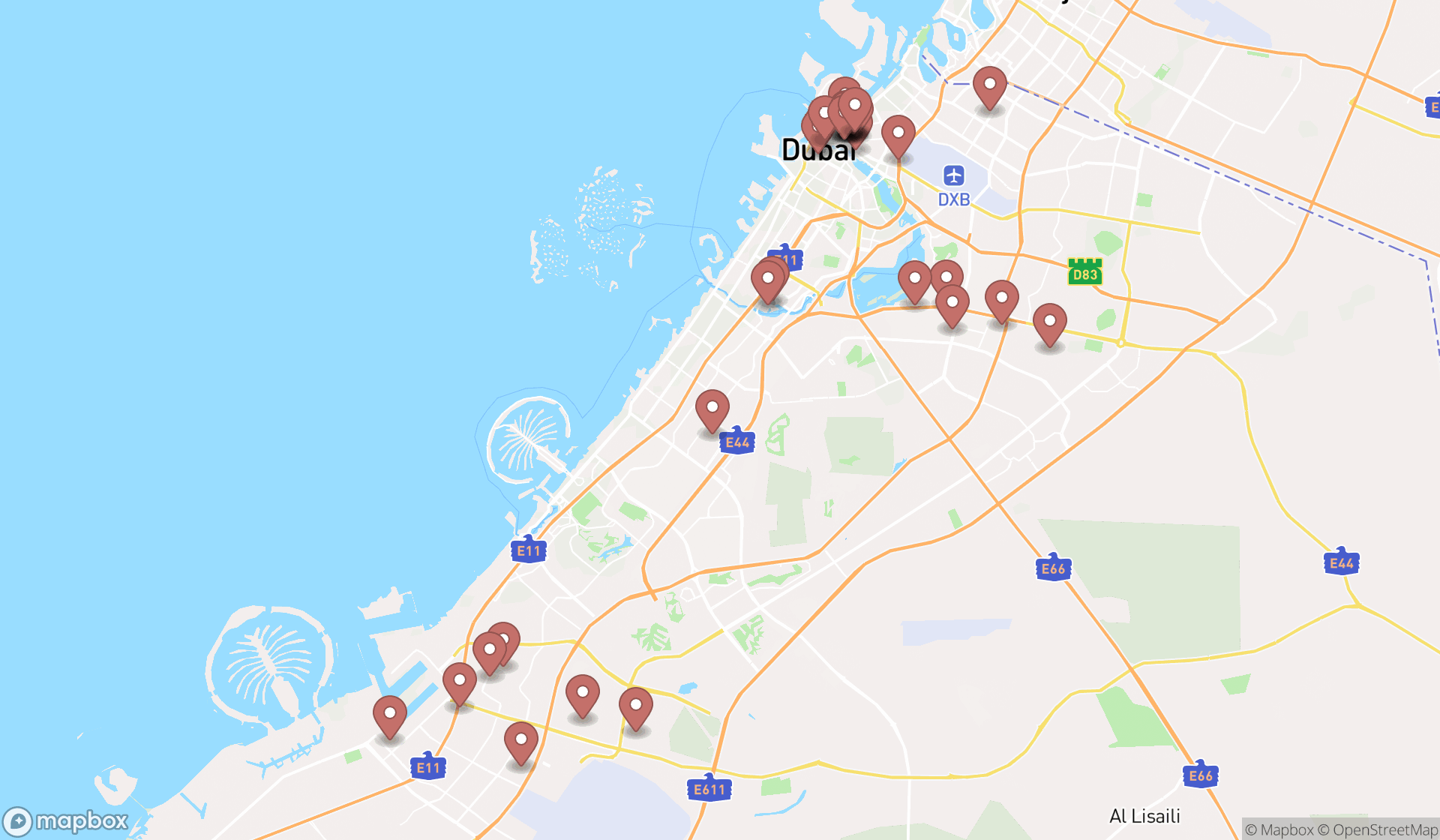 Map showing the search results in Dubai