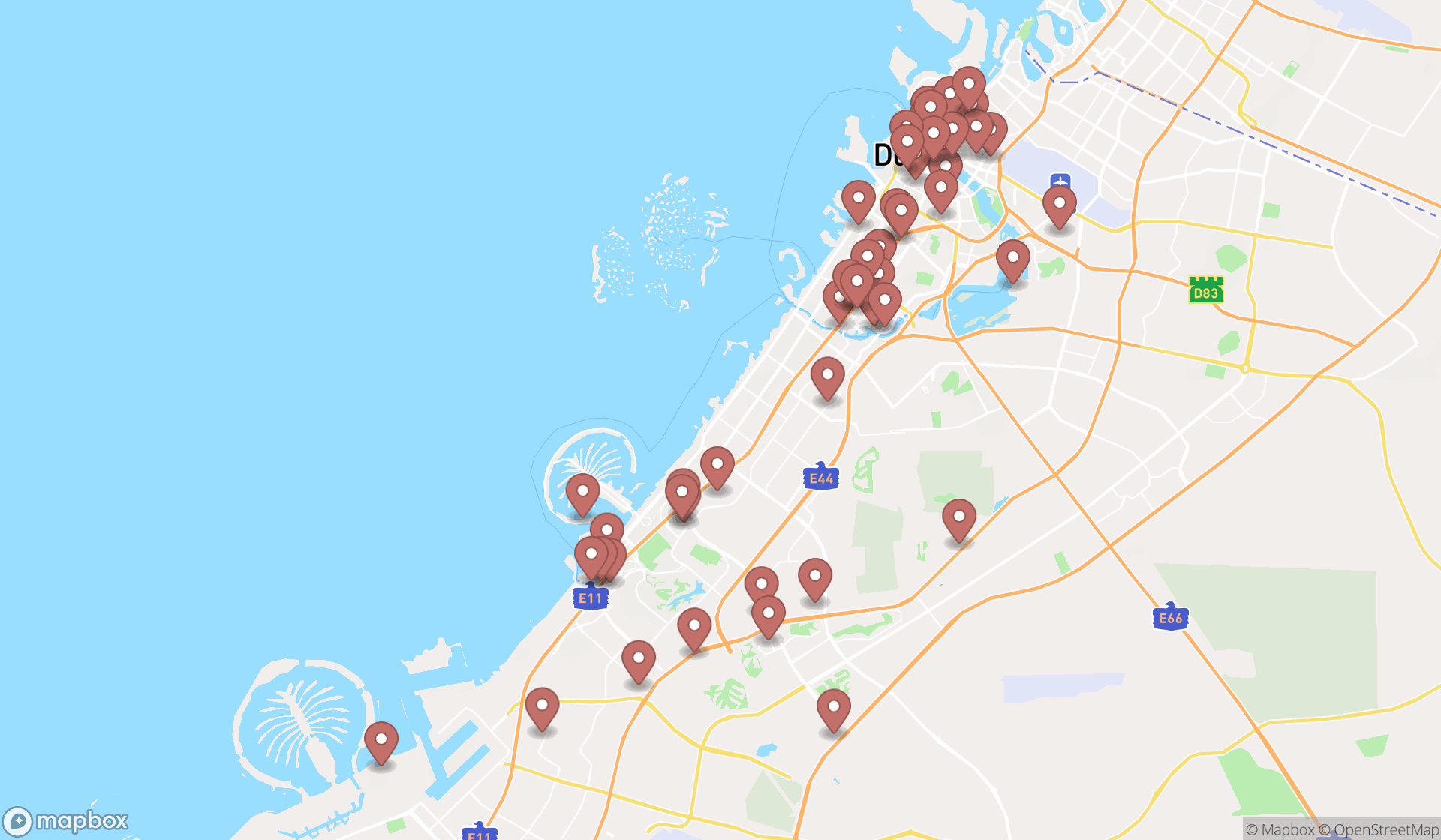 Map showing the search results in Dubai