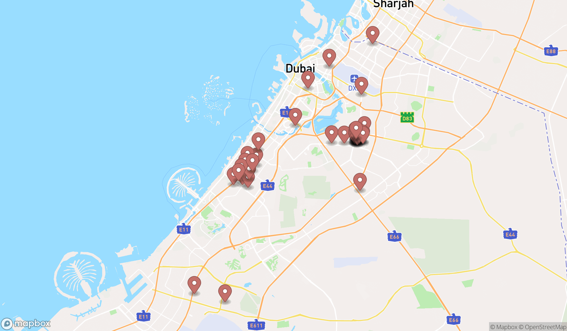 Map showing the search results in Dubai