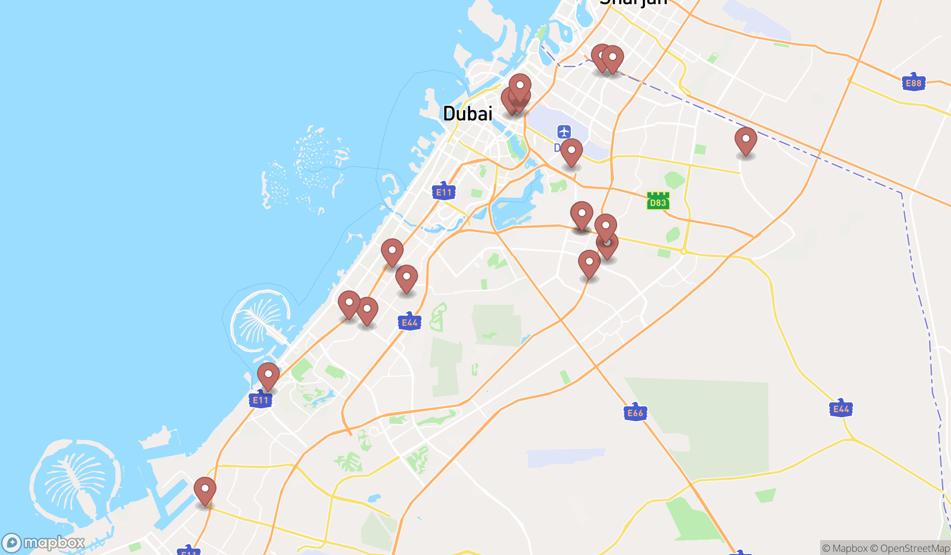 Map showing the search results in Dubai