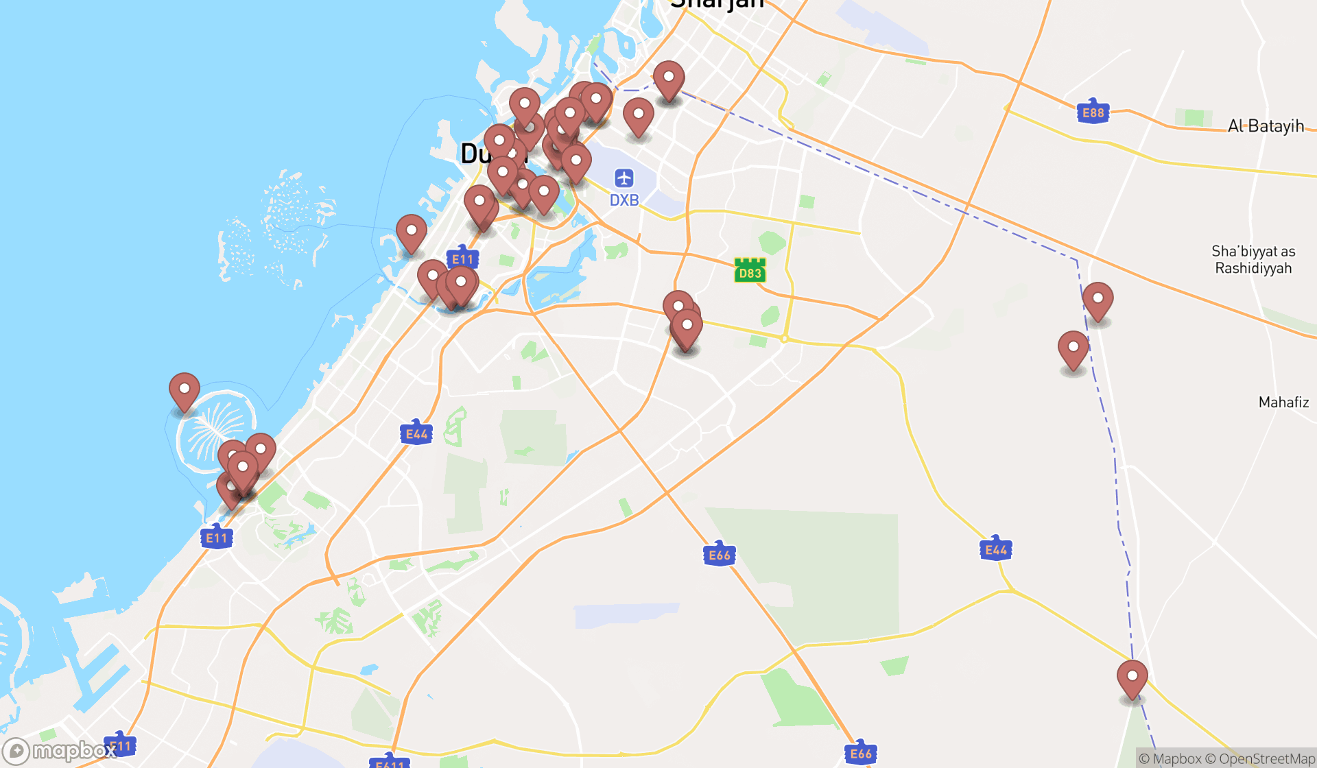 Map showing the search results in Dubai