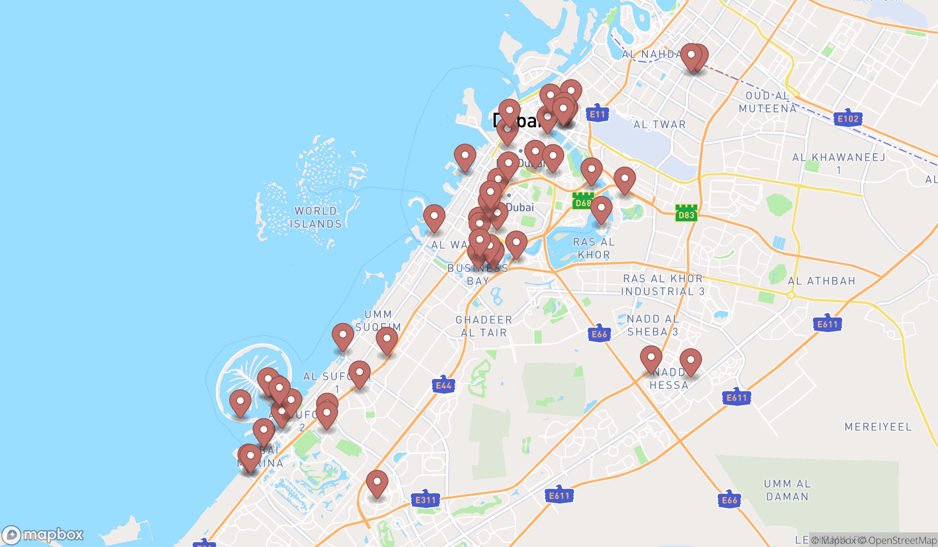 Map showing the search results in Dubai