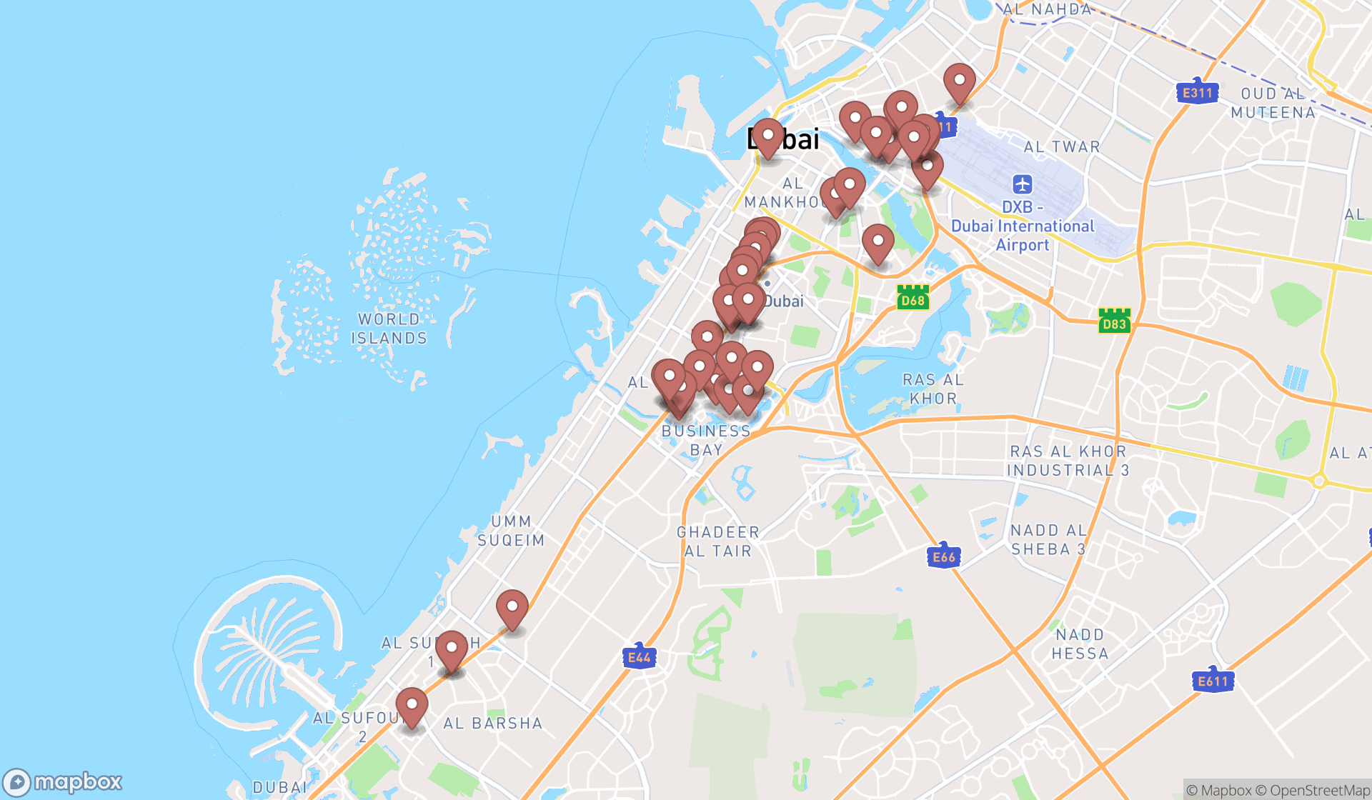 Map showing the search results in Dubai