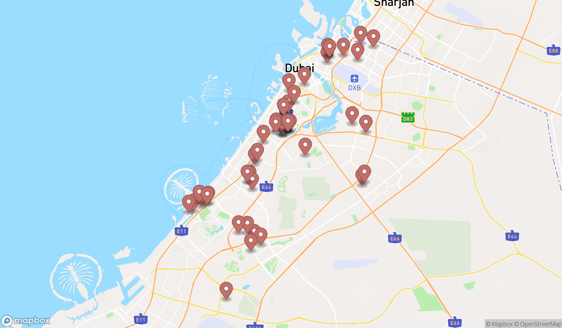 Map showing the search results in Dubai