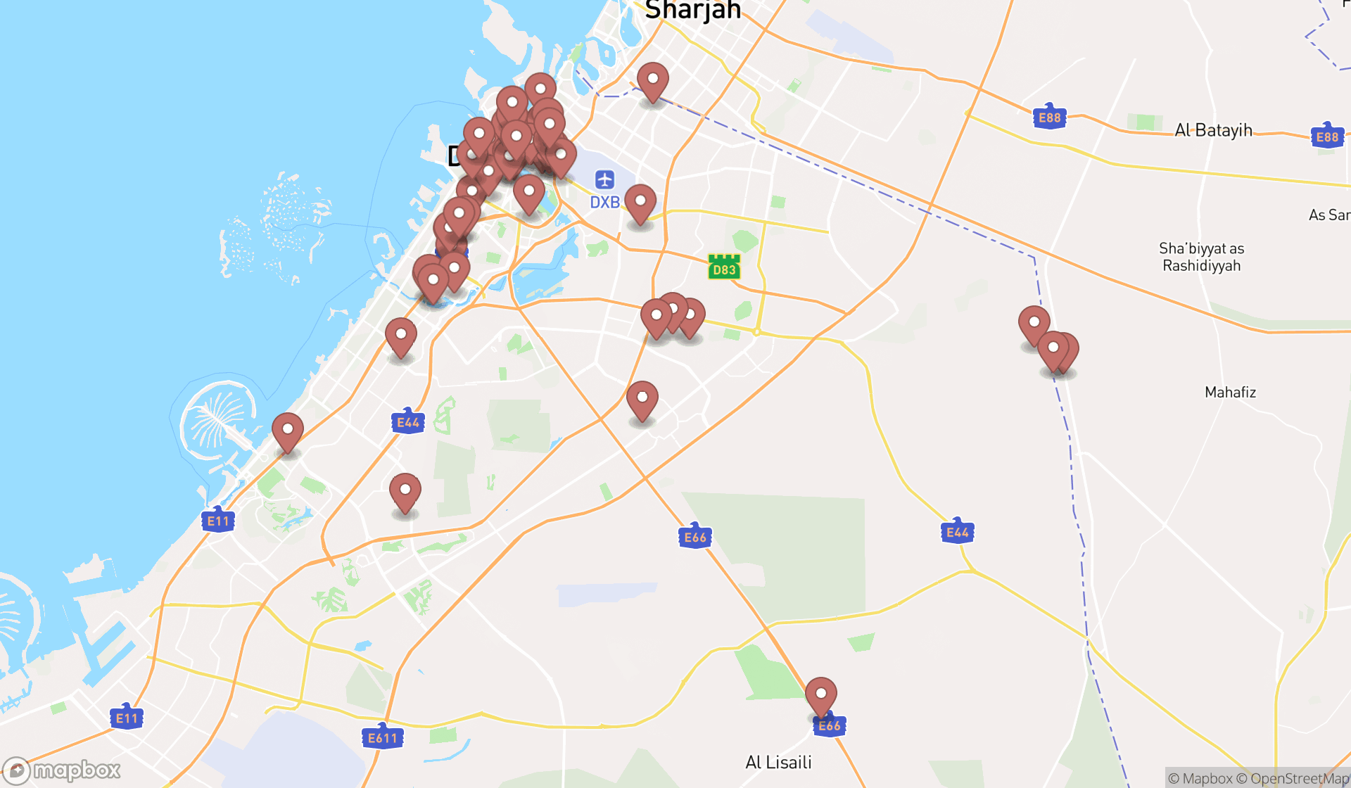 Map showing the search results in Dubai