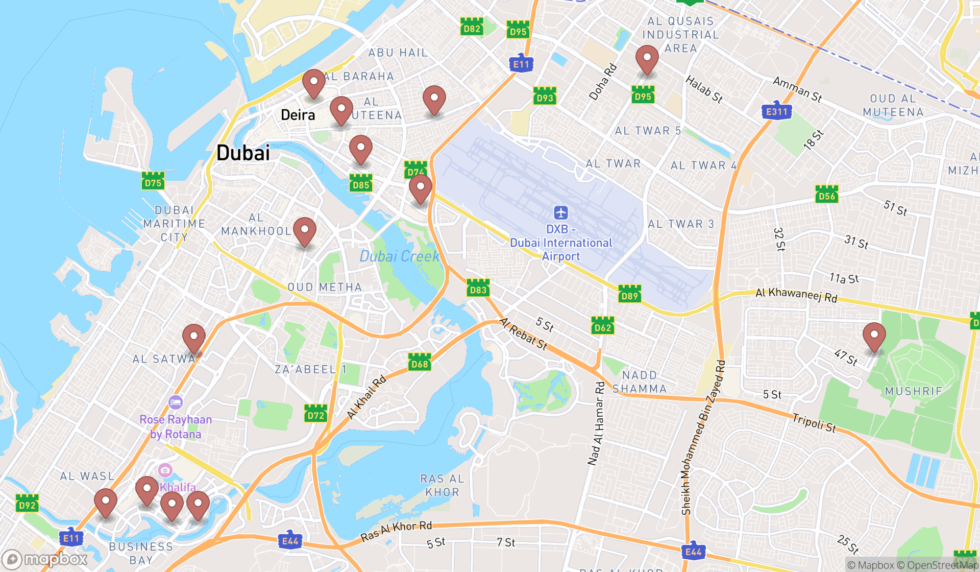 Map showing the search results in Dubai