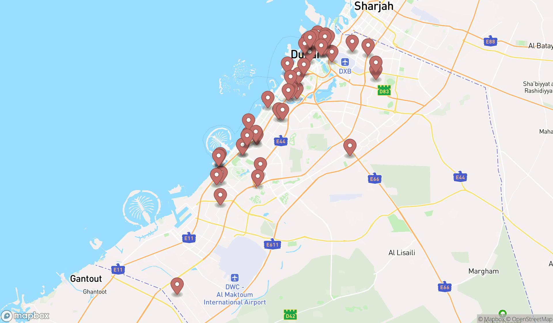 Map showing the search results in Dubai