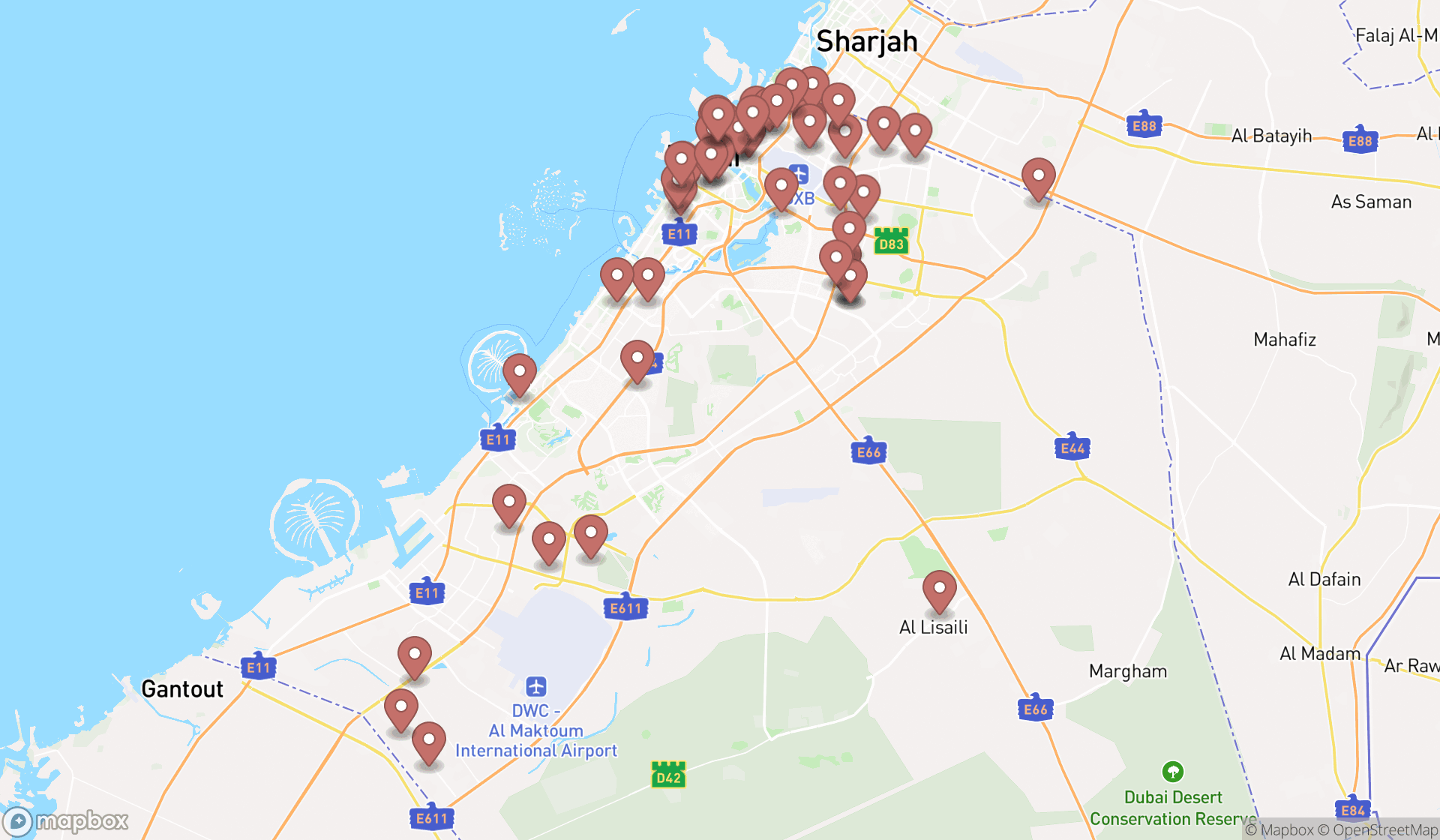 Map showing the search results in Dubai