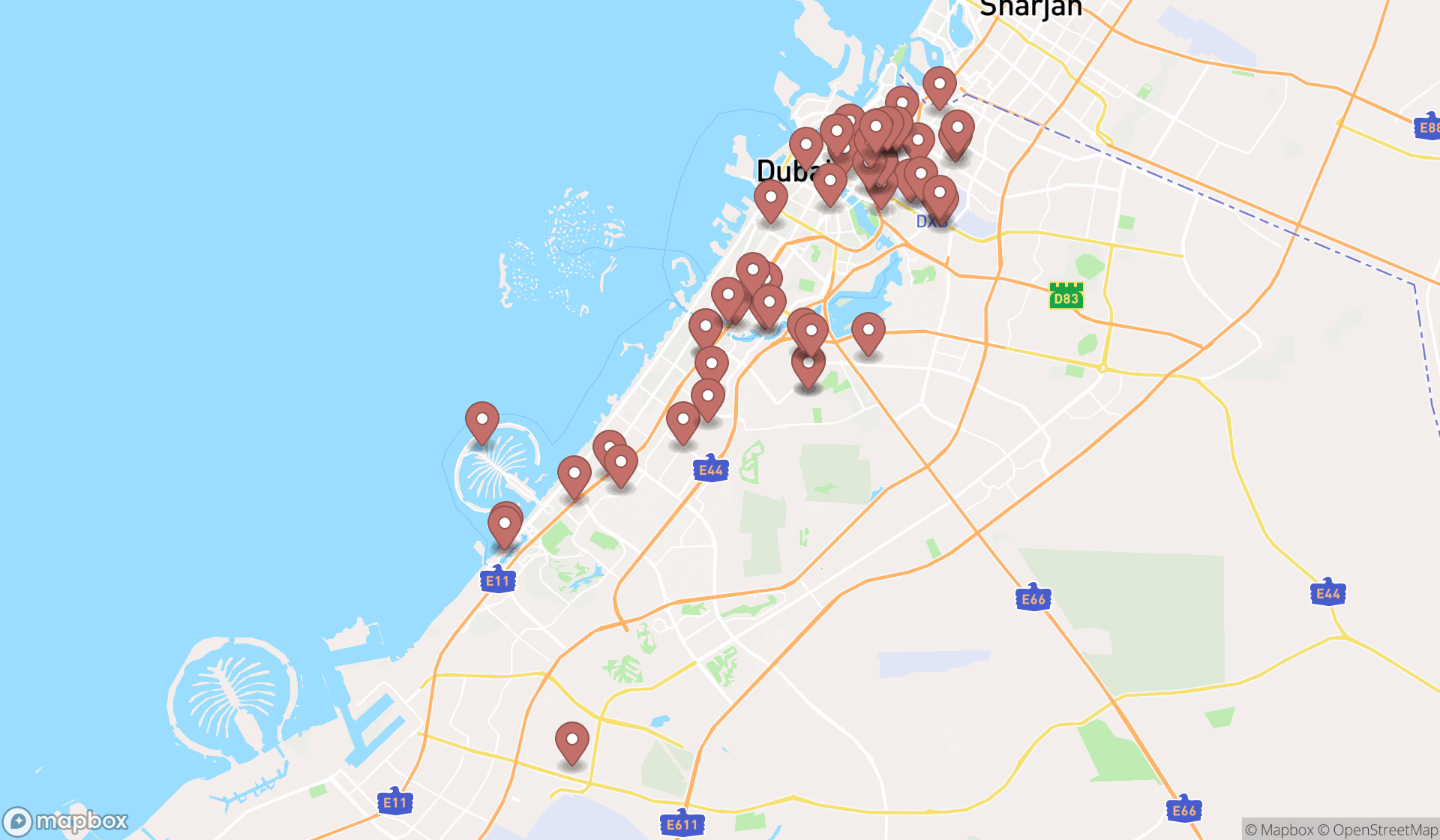 Map showing the search results in Dubai