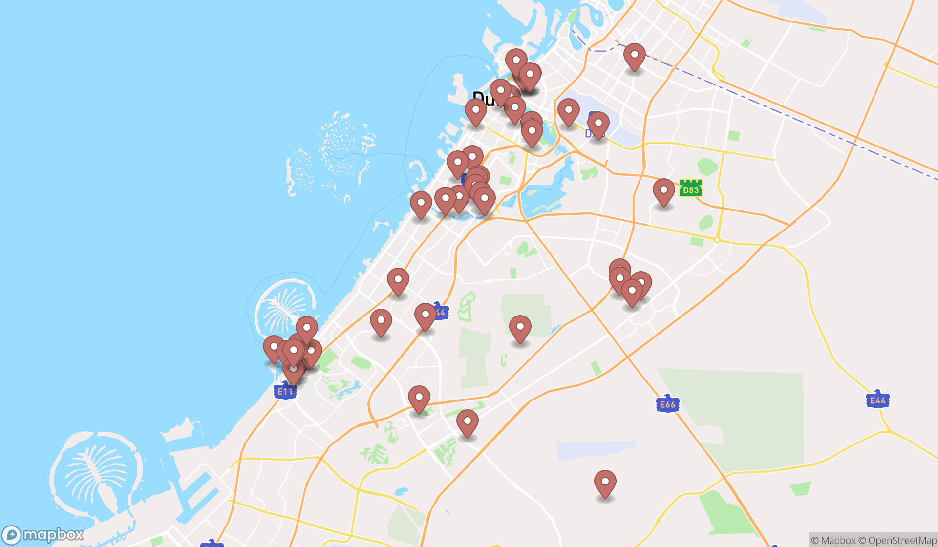 Map showing the search results in Dubai