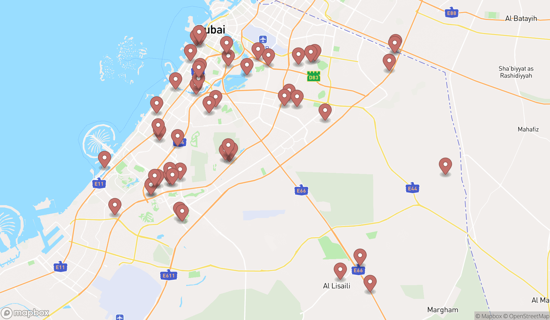 Map showing the search results in Dubai