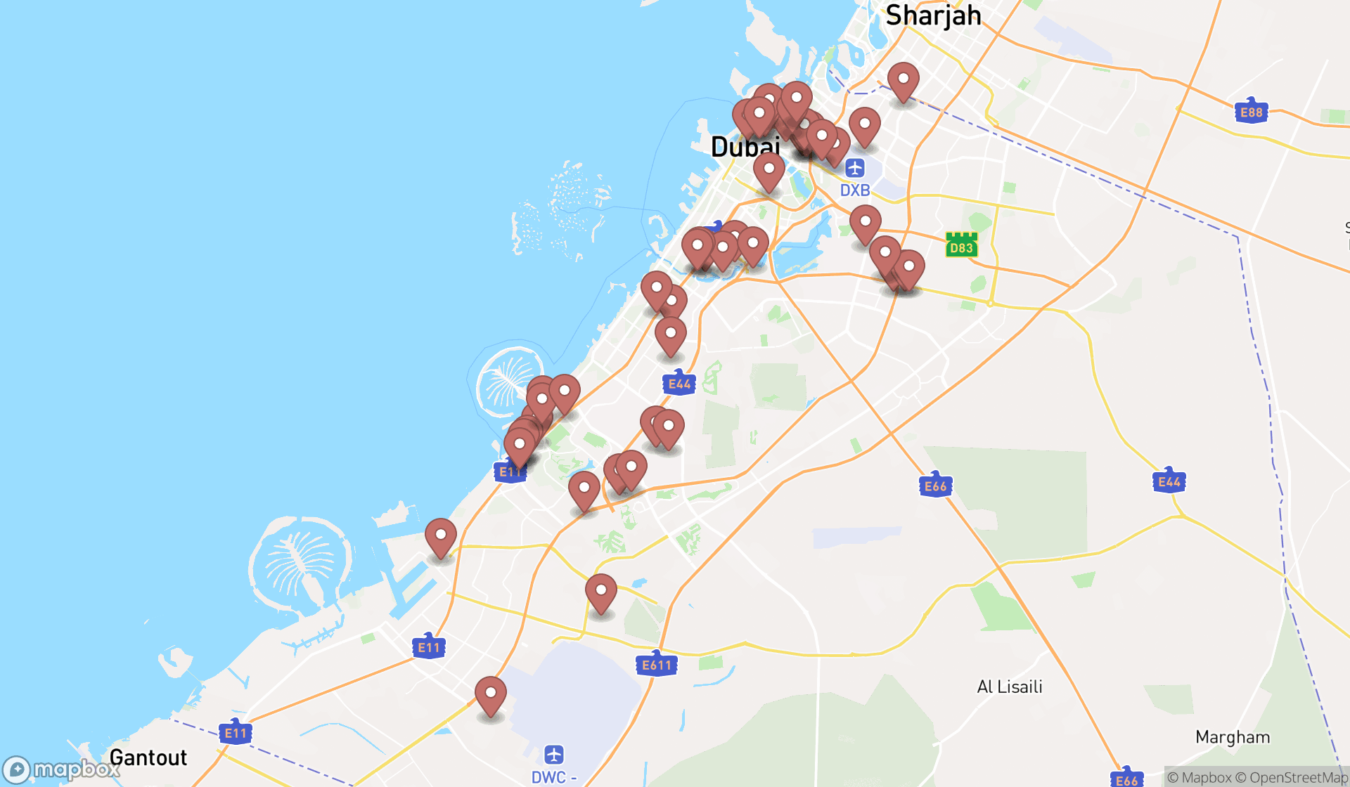 Map showing the search results in Dubai