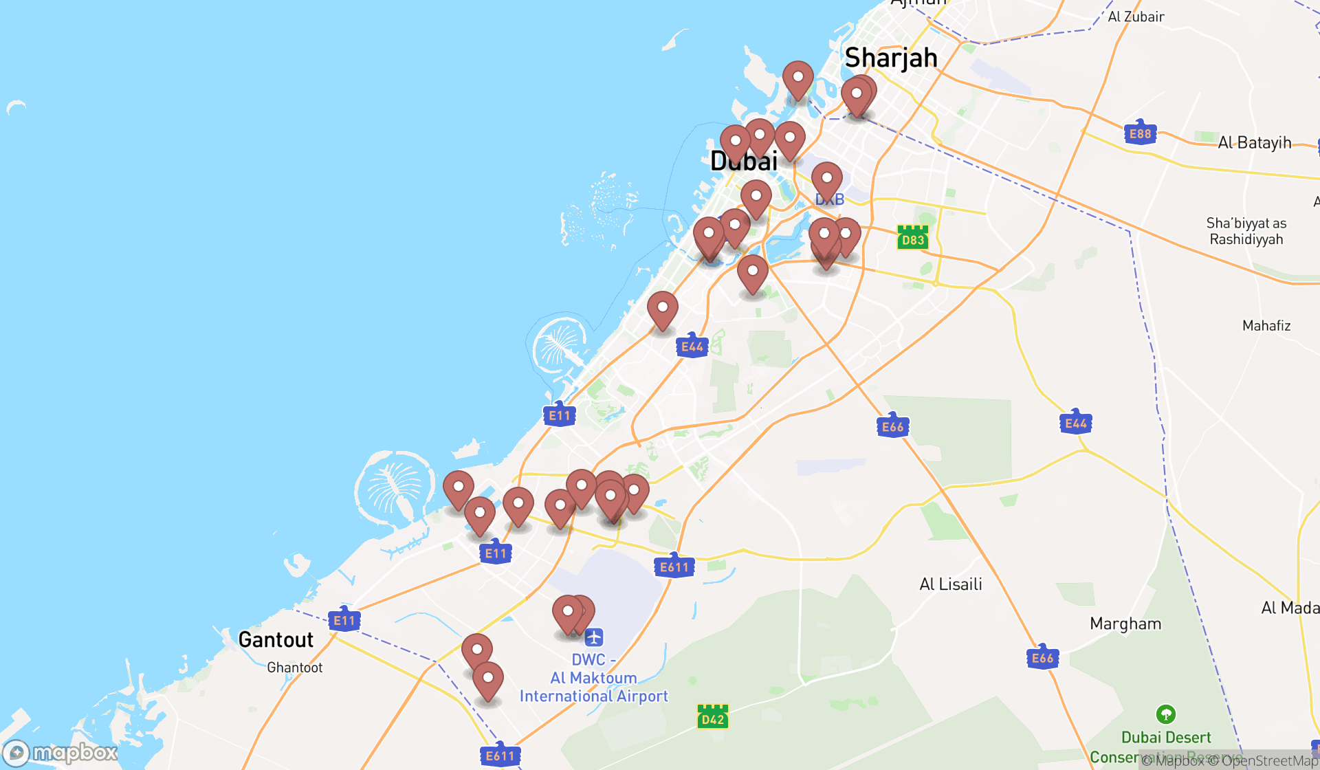 Map showing the search results in Dubai