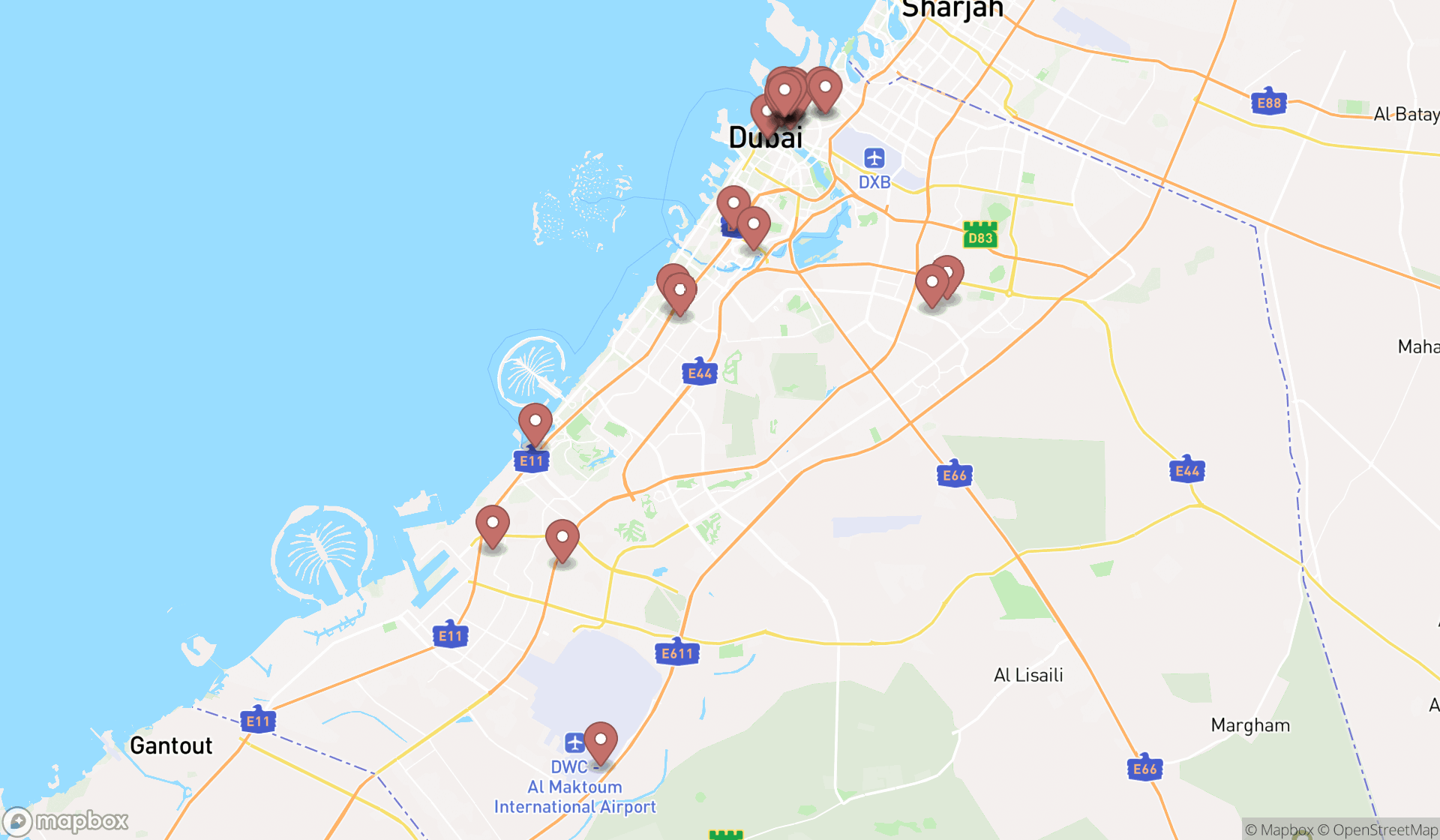 Map showing the search results in Dubai