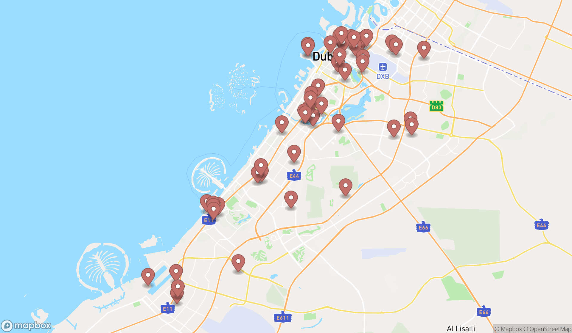 Map showing the search results in Dubai