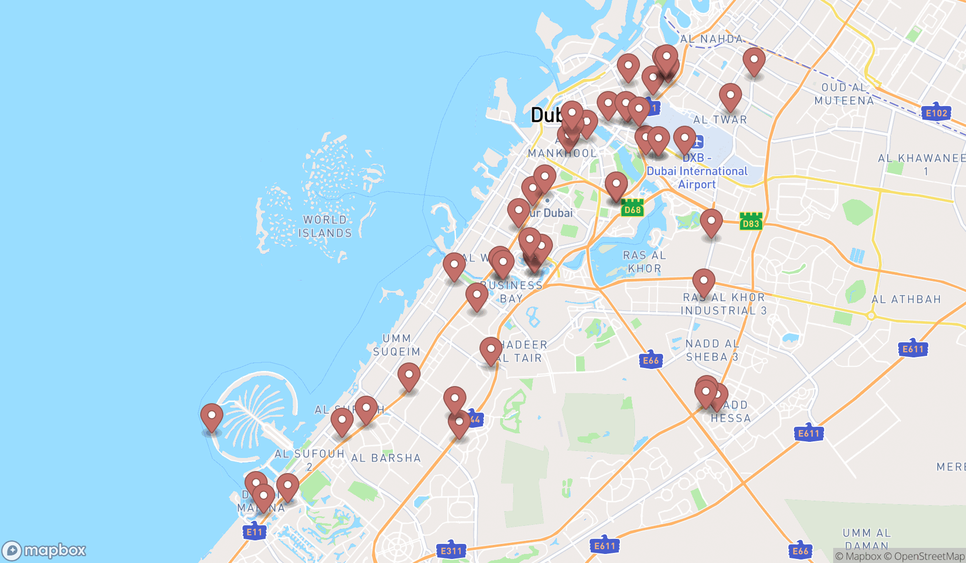 Map showing the search results in Dubai
