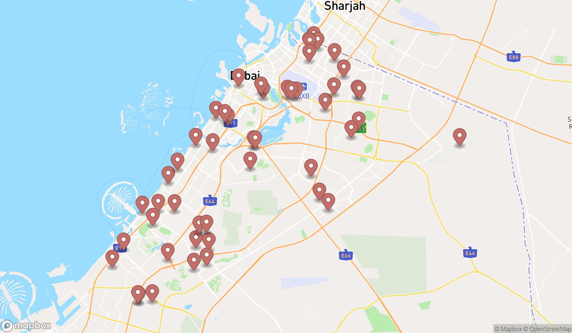 Map showing the search results in Dubai