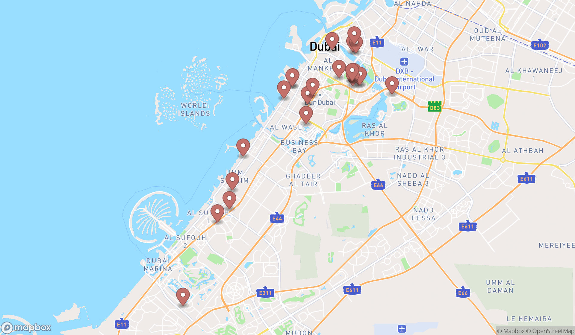 Map showing the search results in Dubai