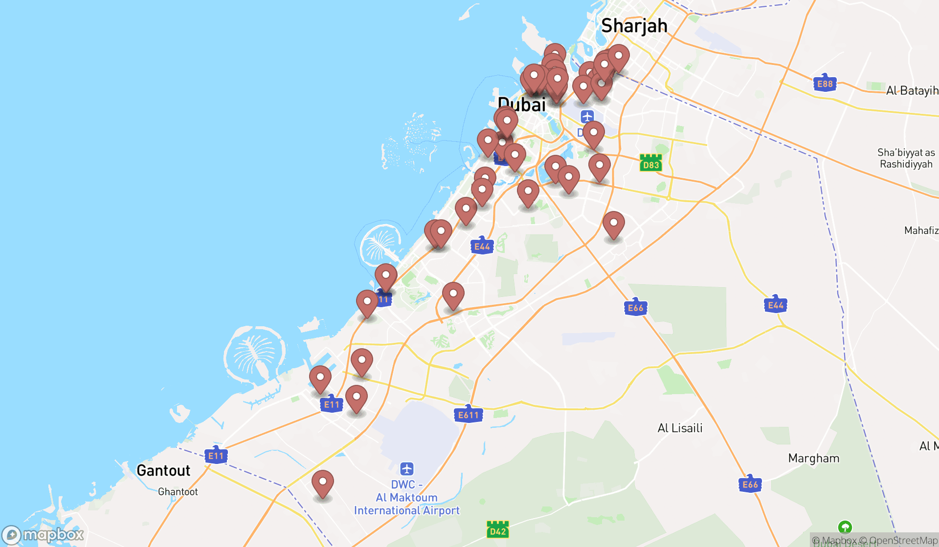 Map showing the search results in Dubai
