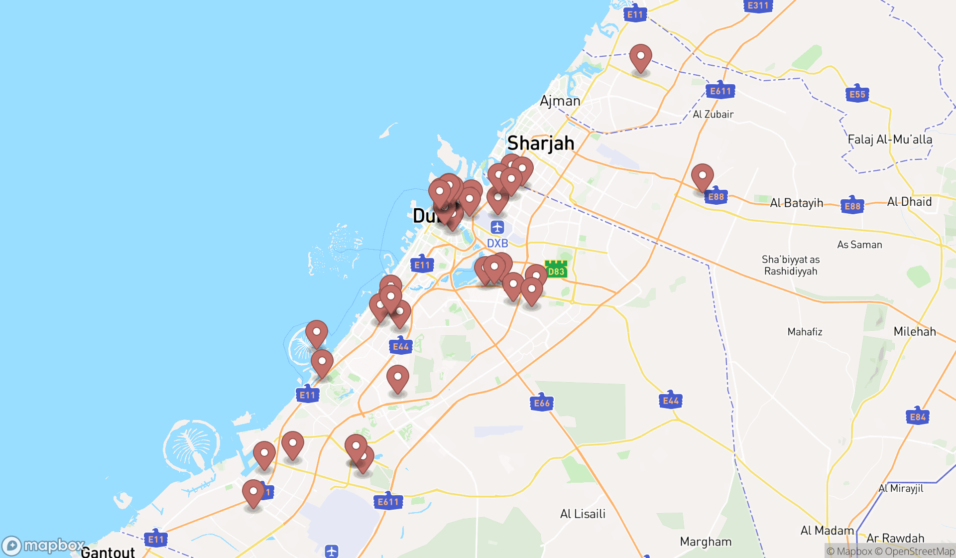 Map showing the search results in Dubai