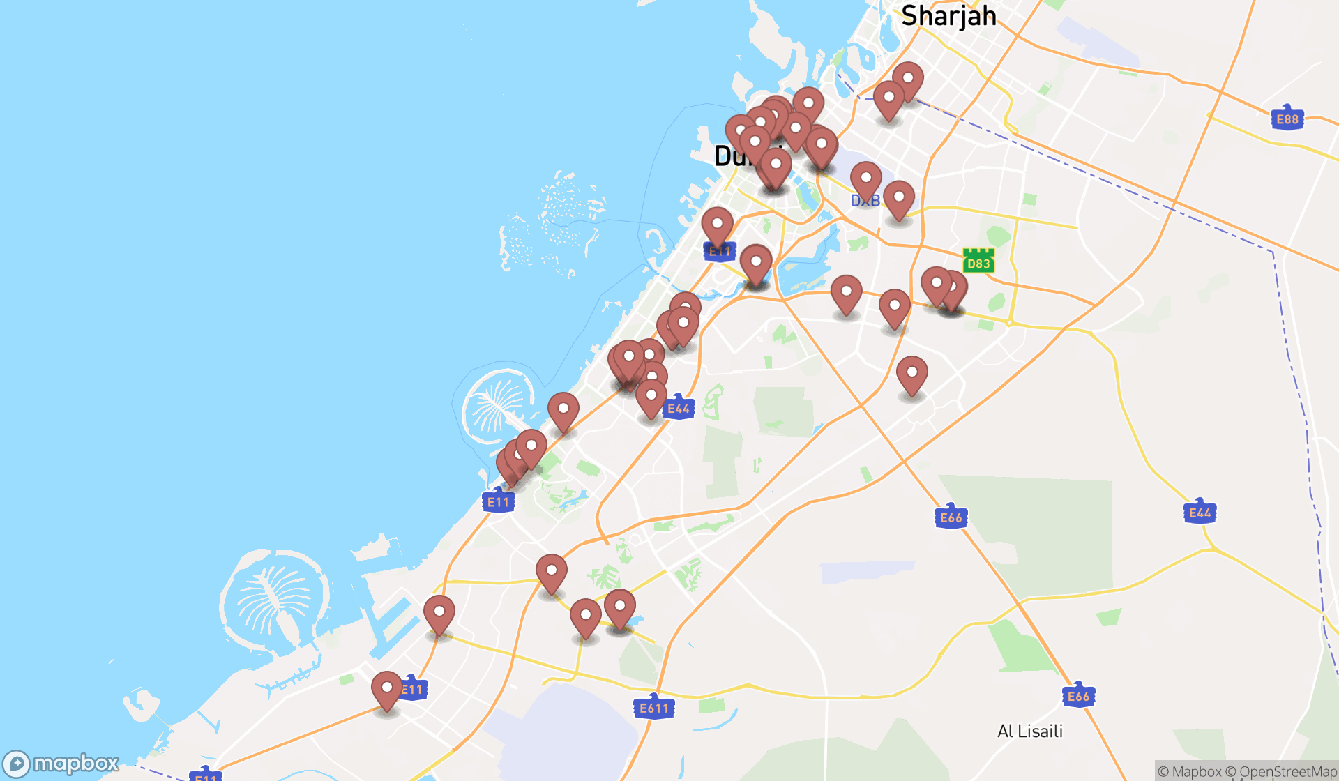 Map showing the search results in Dubai