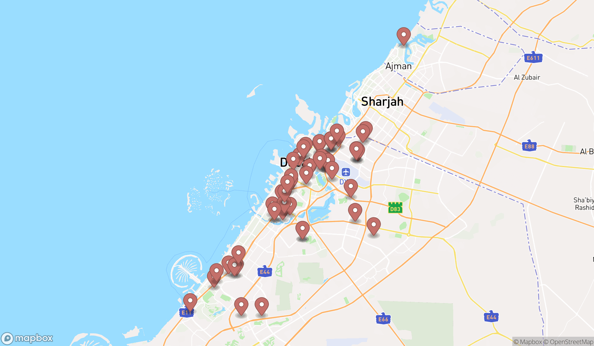 Map showing the search results in Dubai