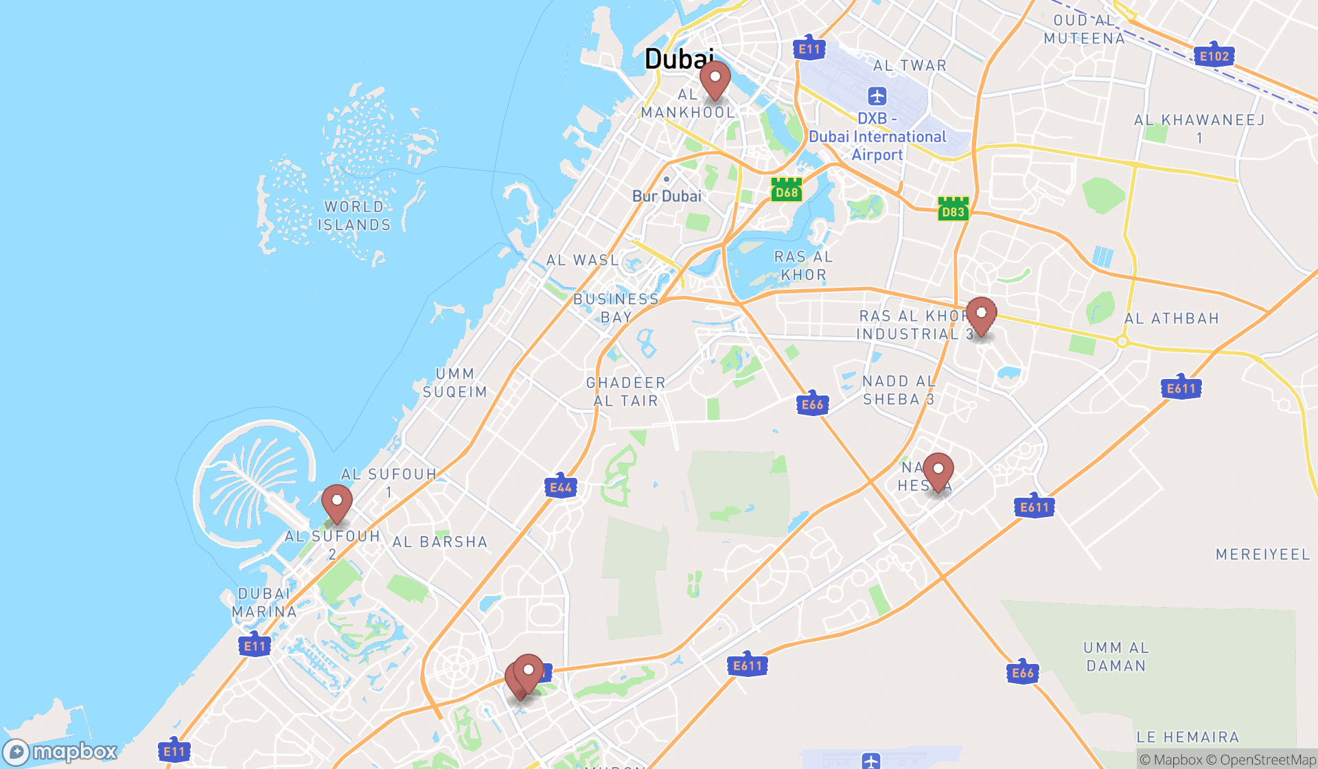 Map showing the search results in Dubai