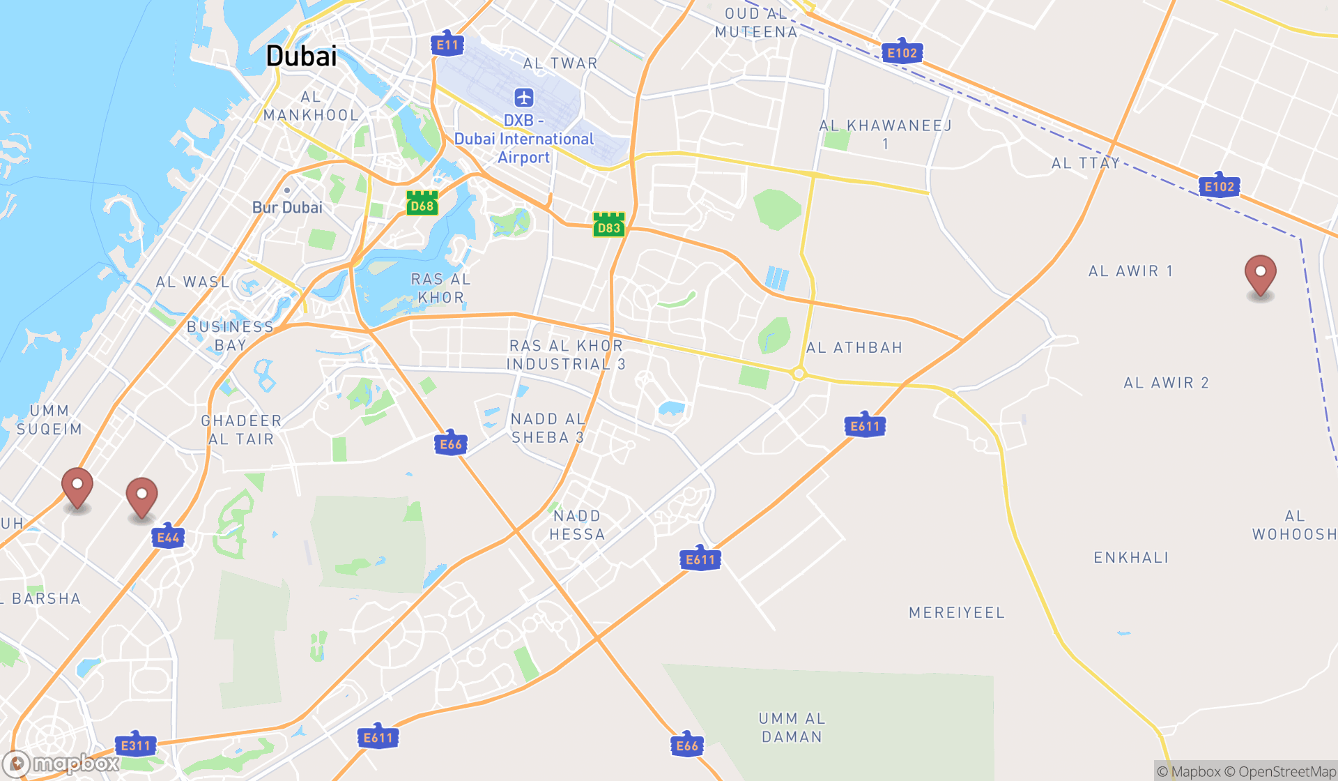 Map showing the search results in Dubai