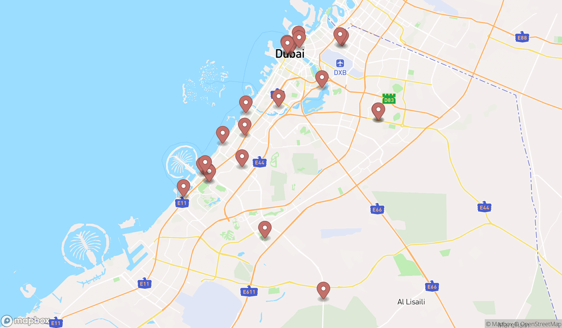 Map showing the search results in Dubai