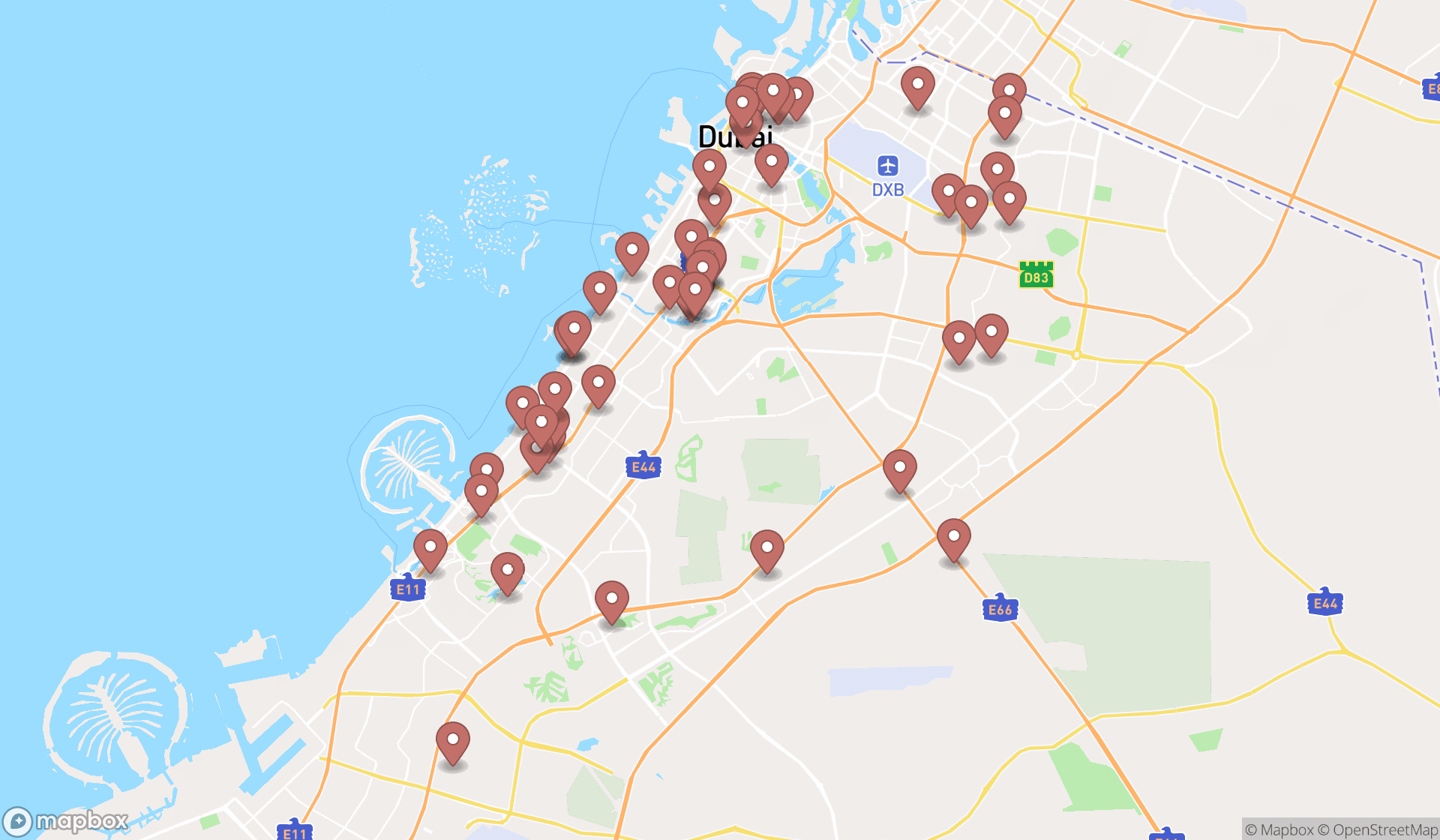 Map showing the search results in Dubai